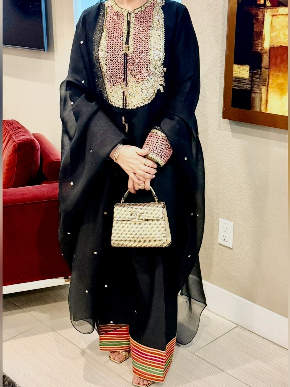 Embellished Black Abaya with Gold Beaded Bib